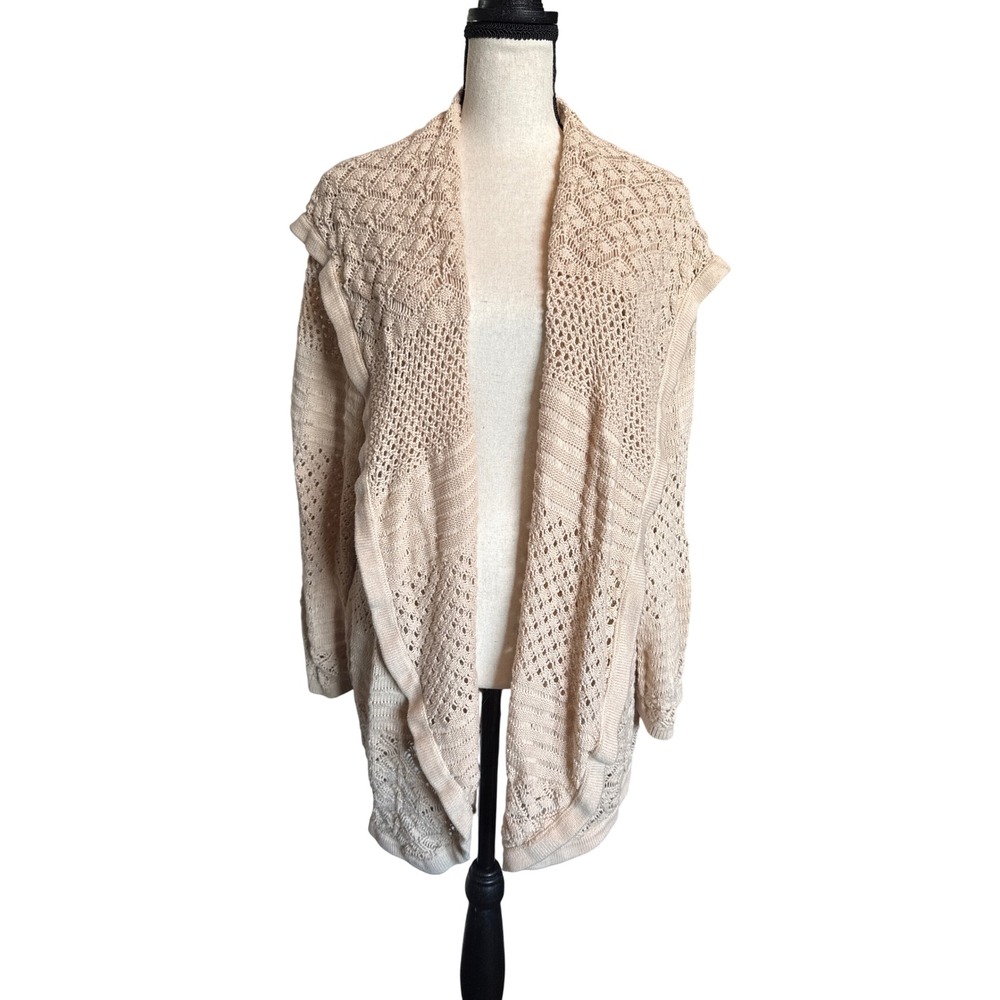 Crochet Knit Open Front Cardigan Duster Sweater Warm Cozy Layering Neutral
